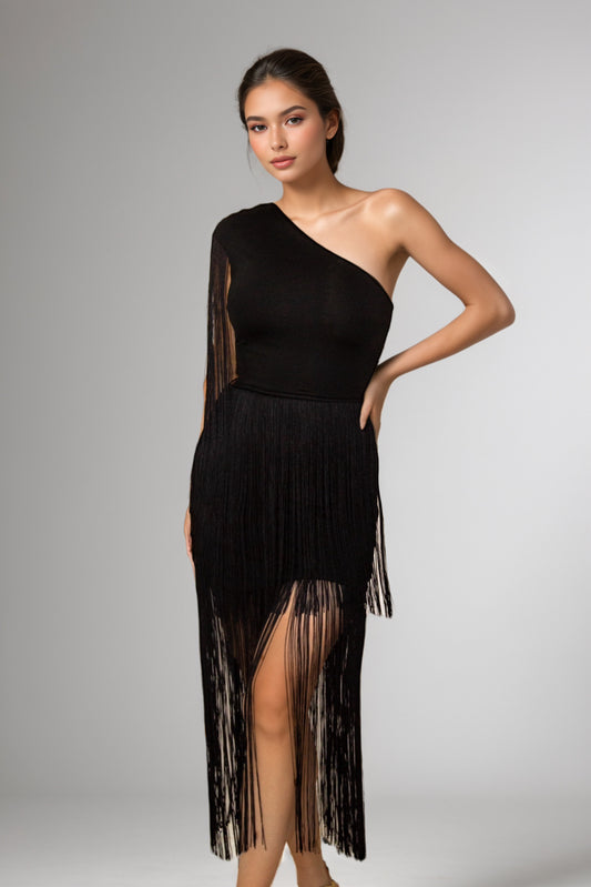 Chaser Fringe Asymmetrical Black Dress