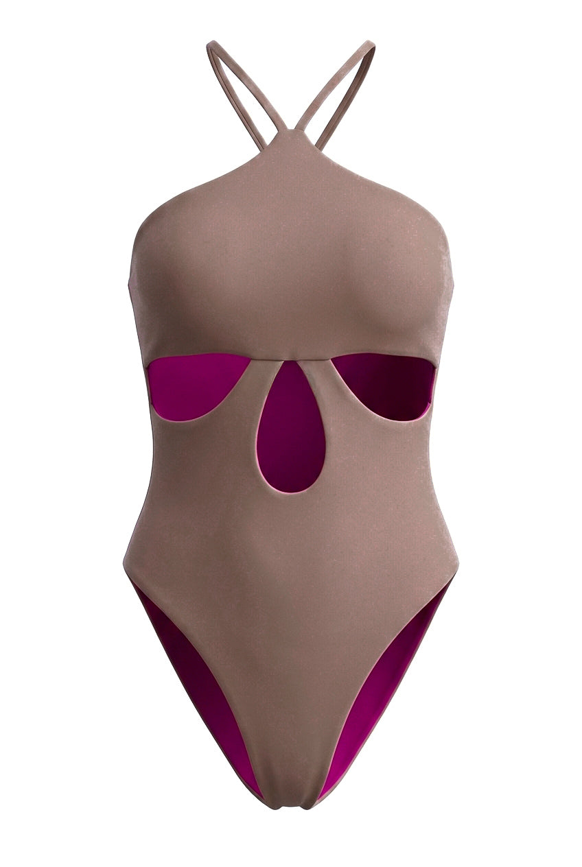 Costa Dorada Halter Reversible One-Piece – Magenta / Toasted Coconut
