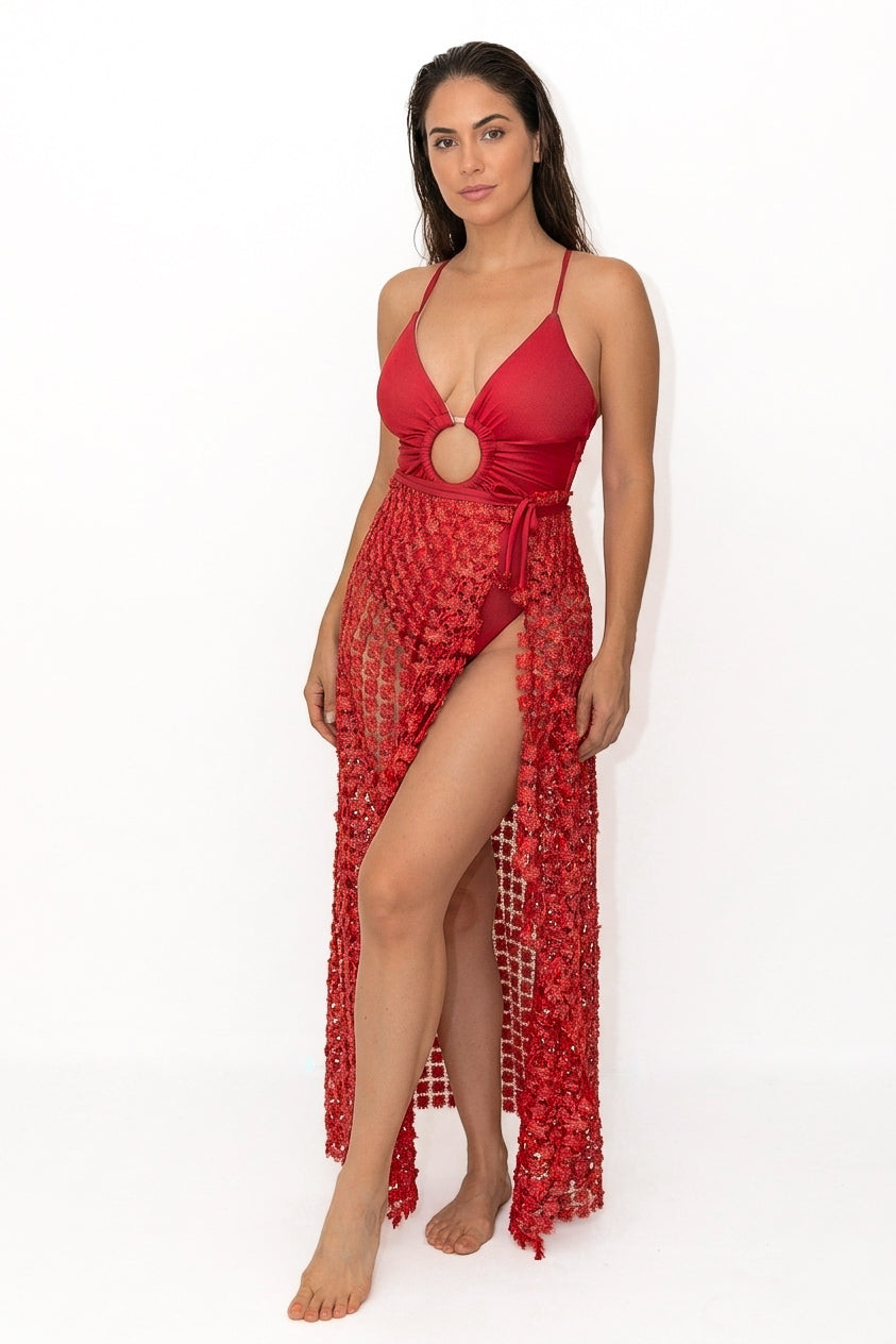 Condado Breeze Maxi Wrap Cover-Up - Brick Red & Silver Sparkle