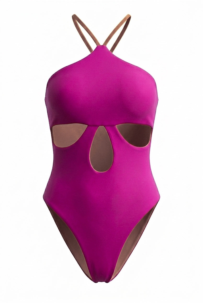 Costa Dorada Halter Reversible One-Piece – Magenta / Toasted Coconut