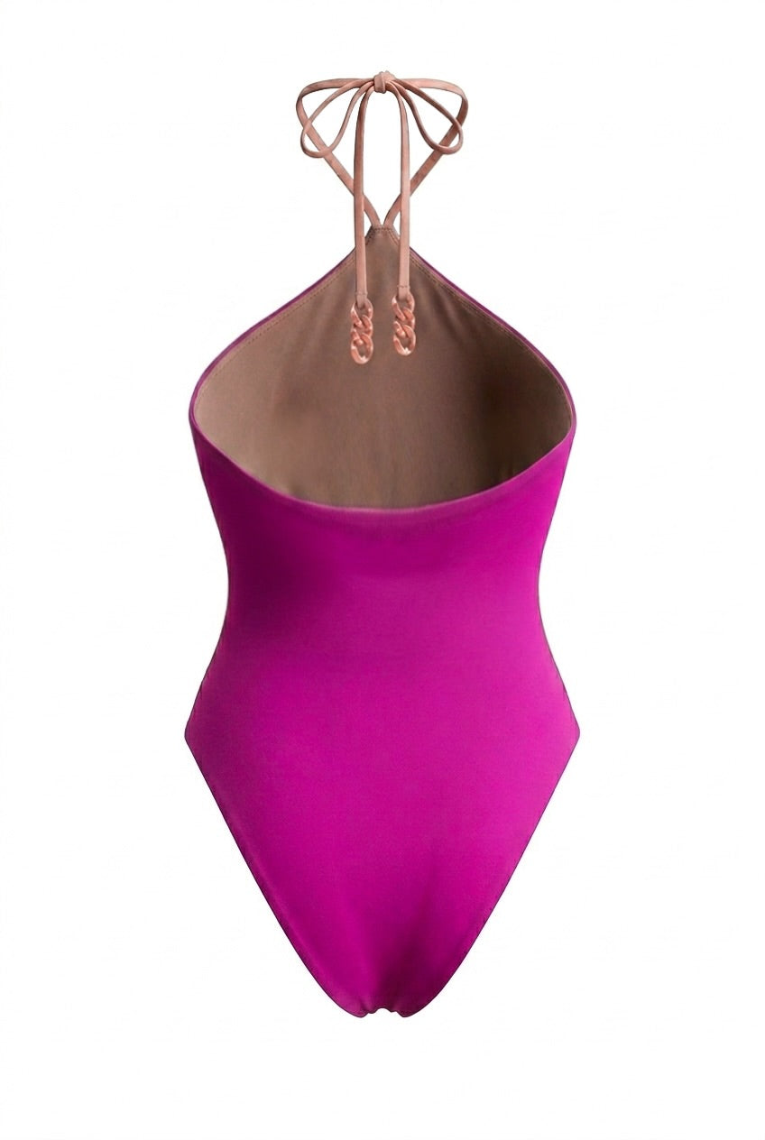 Costa Dorada Halter Reversible One-Piece – Magenta / Toasted Coconut