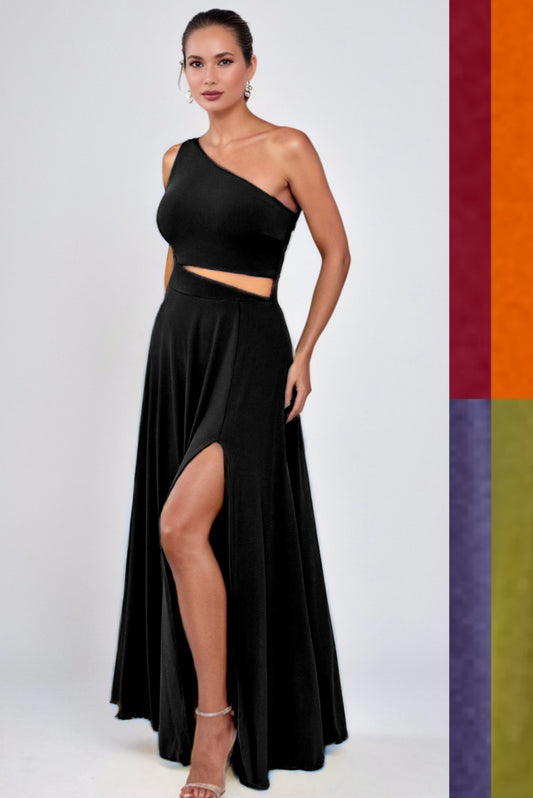 Camila Asymmetric Neckline Maxi Dress with Cutout-CUSTOMIZED COLOR