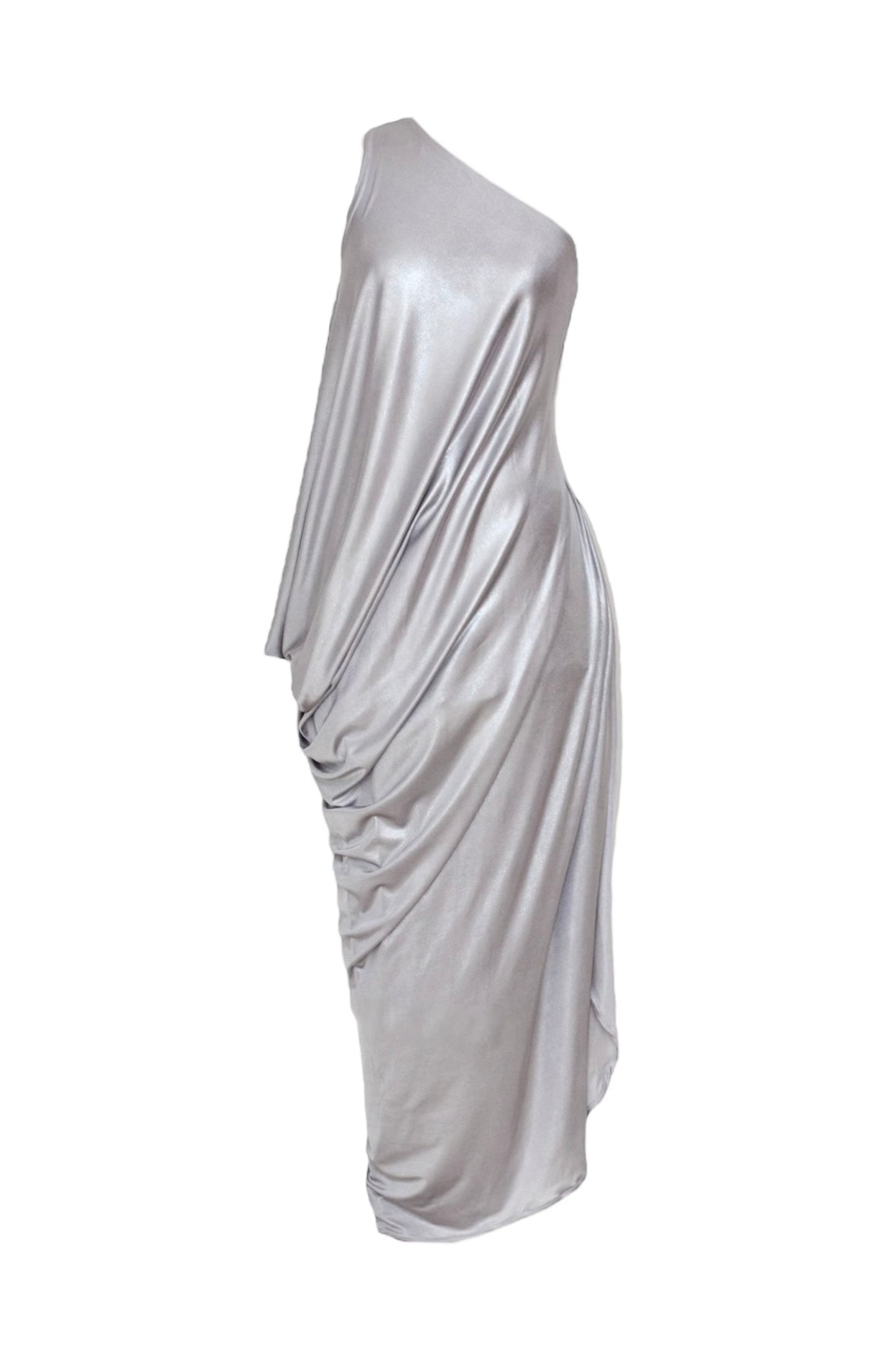 Goddess Mood Dress – One-Shoulder Silver Metallic Drape Dress