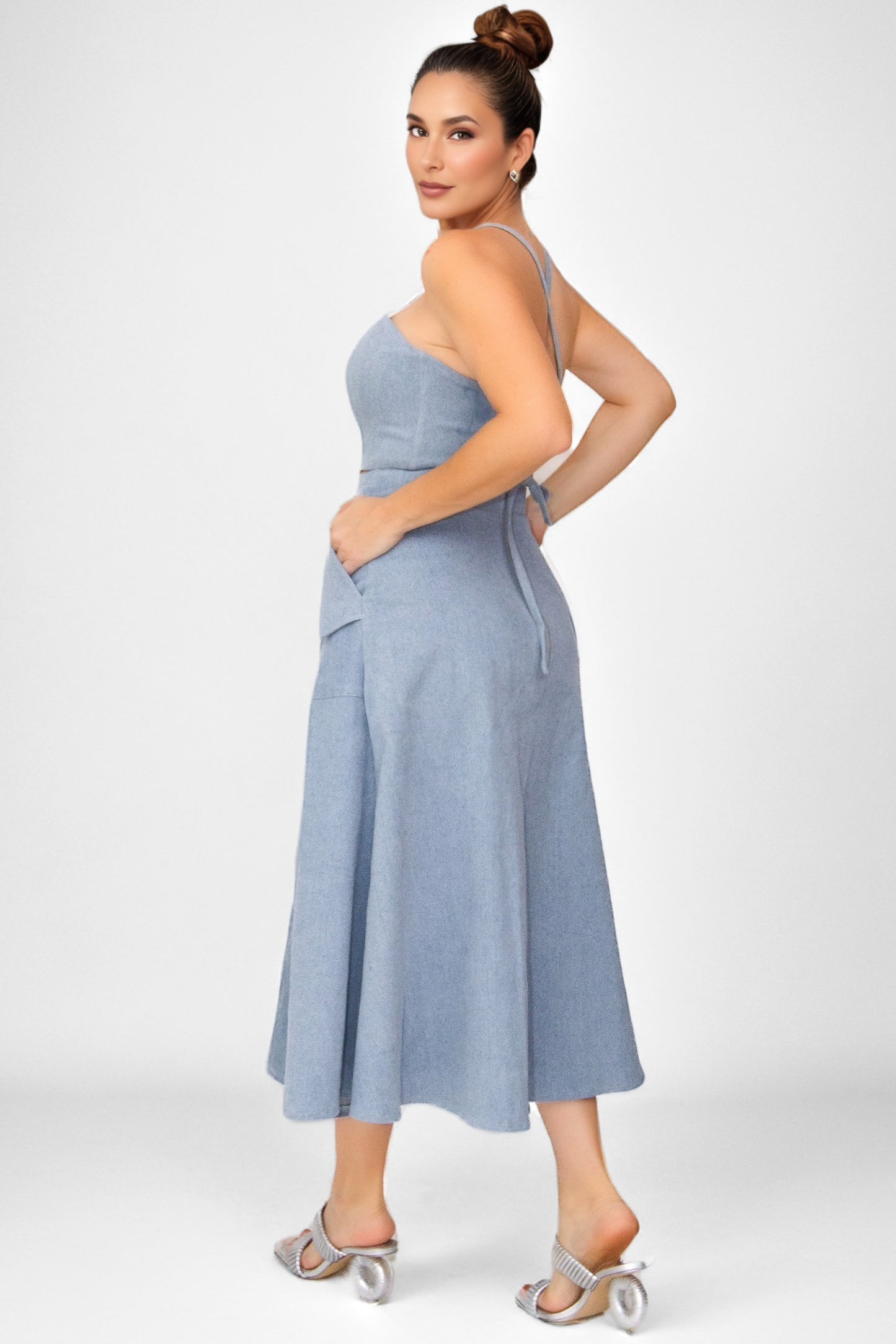 Emily High Waisted Denim Midi Skirt in Light Blue