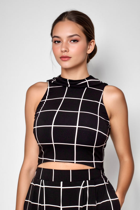 Craving Comfort Plaid Cowl Back Mock Neck Crop Top