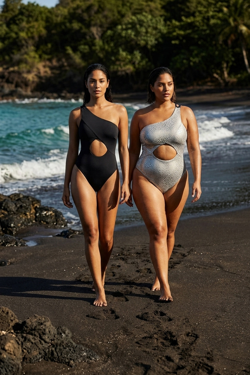 Icacos Luxe – One Shoulder Reversible One Piece in Black & Silver