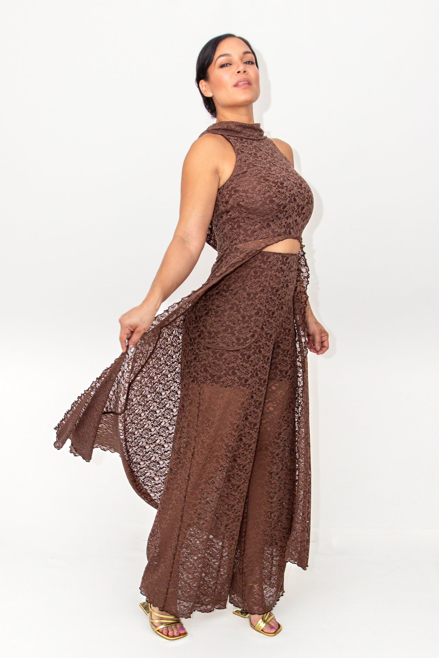 The Confident Muse Set – Lace Tunic & Wide-Leg Pants with Cowl Back in Mocha