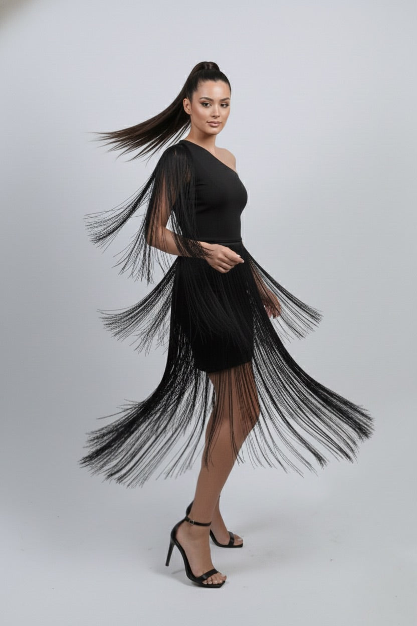 Chaser Fringe Asymmetrical Black Dress