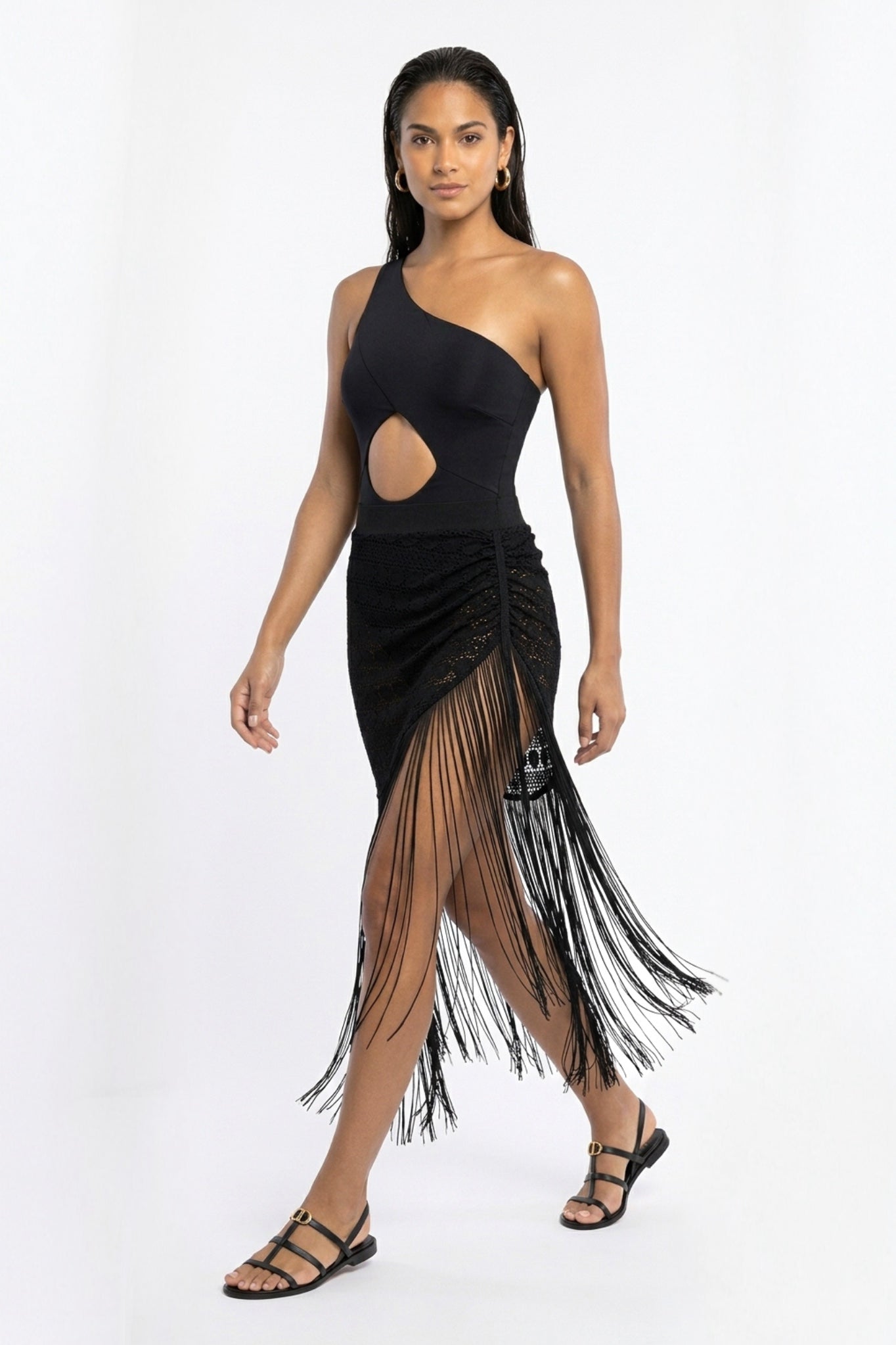 Black Sand Asymmetrical Fringe Skirt Cover-Up