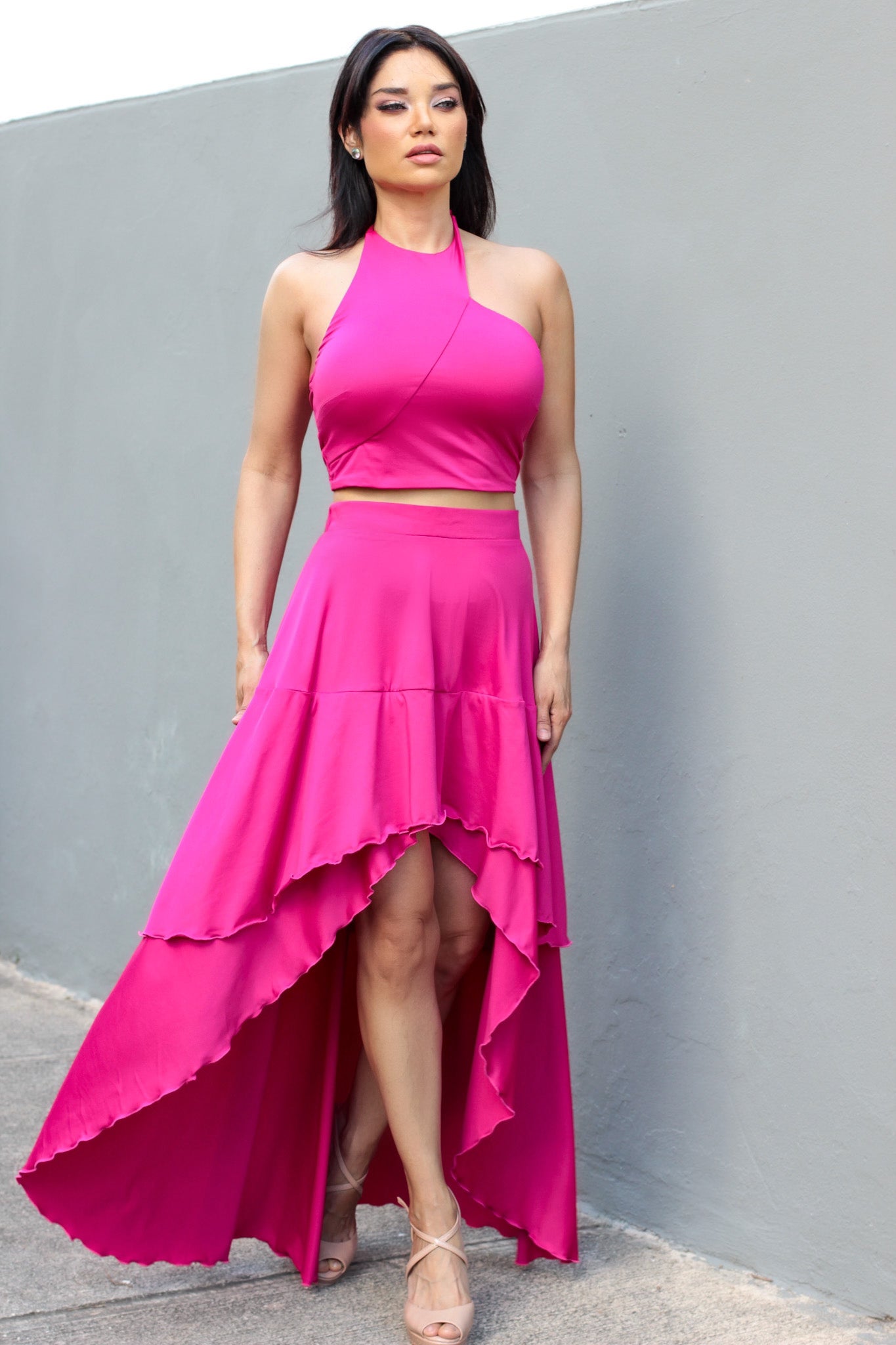 Fiery Fuchsia Crop Top & High Low Maxi Skirt Set
