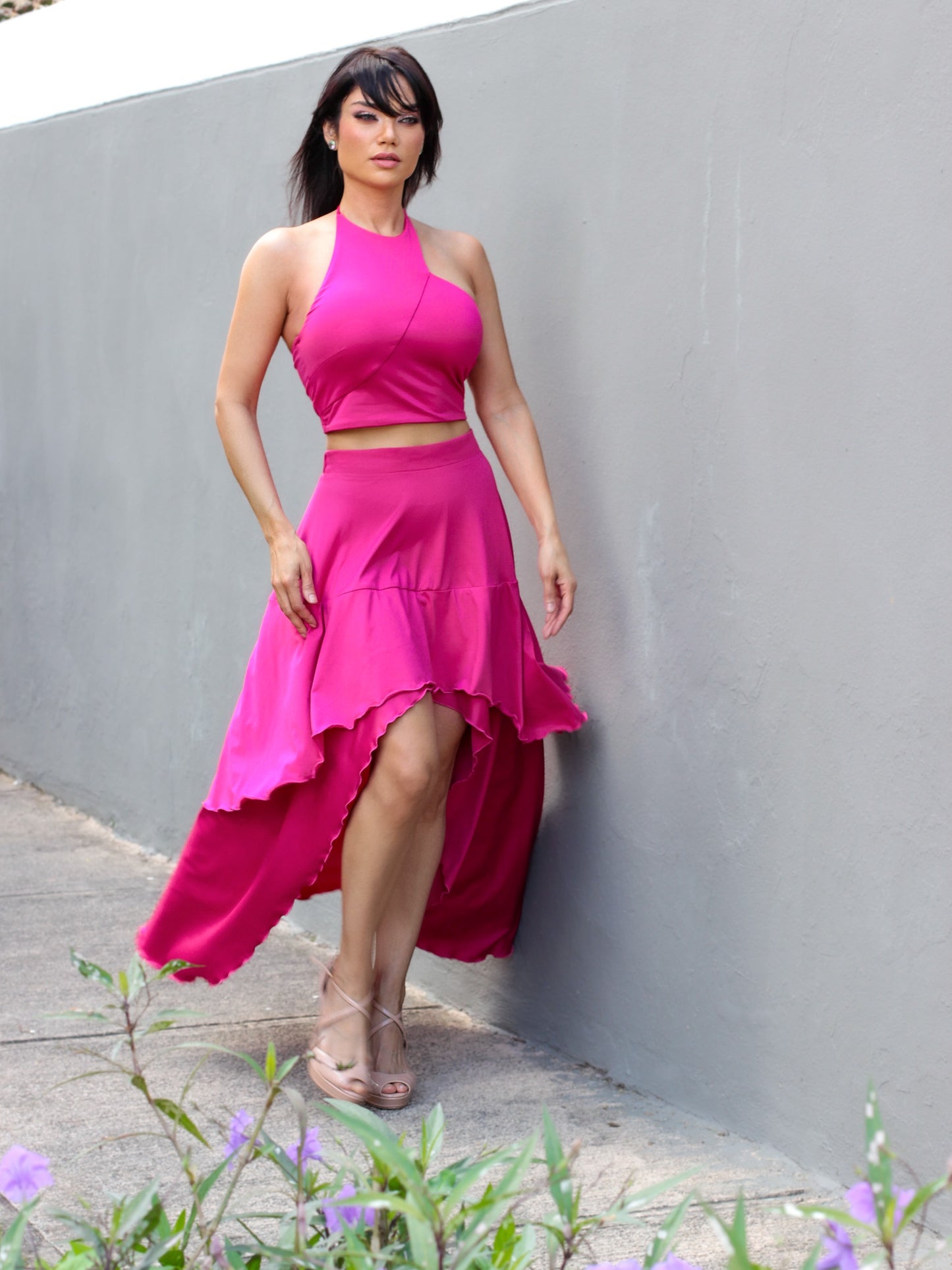 Fiery Fuchsia Crop Top & High Low Maxi Skirt Set